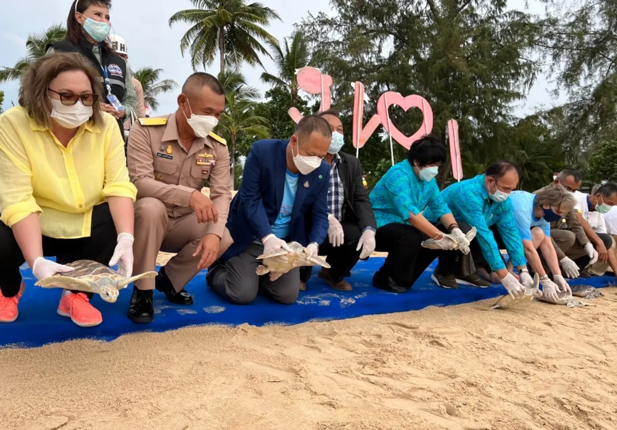 Executives and community members releasing sea turtles on the beach